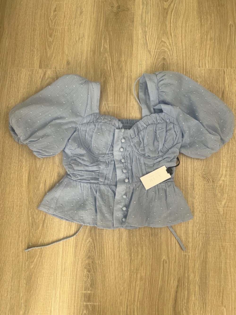 Astr Light Blue Puff Sleeve Dot Peplum Blouse